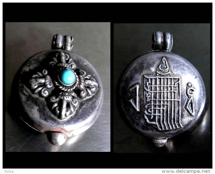 Pendant Amulette Tibétain Gau / Vintage Tibetan Pendent Amulet Silver And Turquoise - Volksschmuck