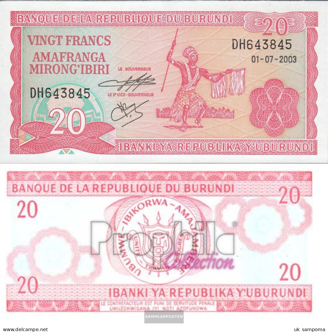 Burundi Pick-number: 27d (2003) Uncirculated 2003 20 Francs - Burundi