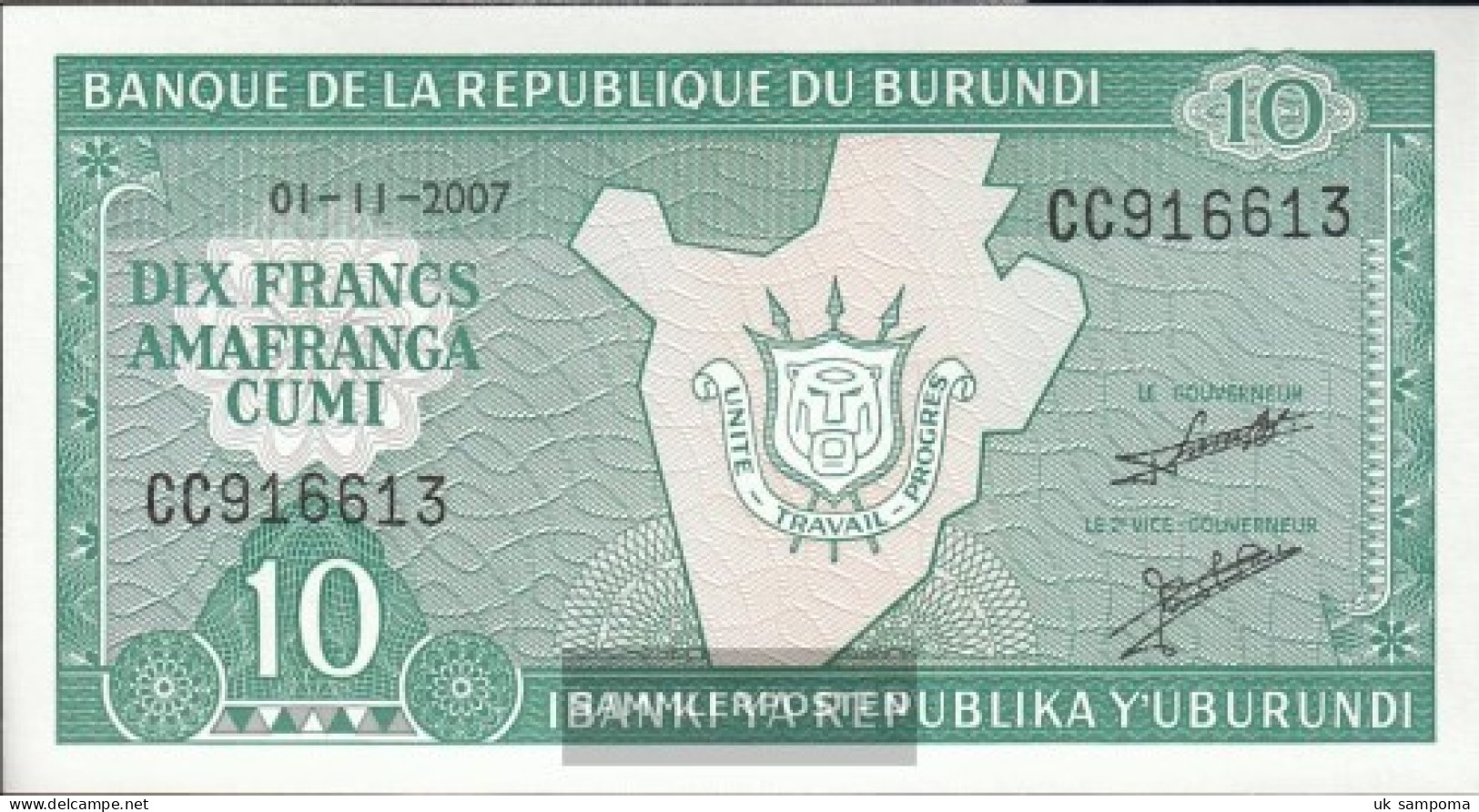 Burundi Pick-number: 33e (2007) Uncirculated 2007 10 Francs - Burundi