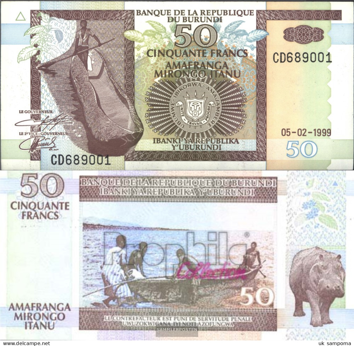 Burundi Pick-number: 36b Uncirculated 1999 50 Francs - Burundi