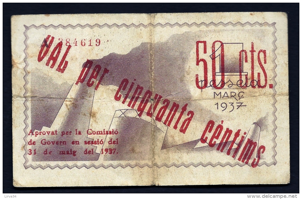 BILLET D'ESPAGNE- CONSEIL MUNICIPAL DE FIGUERES- SURCHARGE ROUGE  RECTO VERSO- 50 CTS 1937- - Sonstige & Ohne Zuordnung