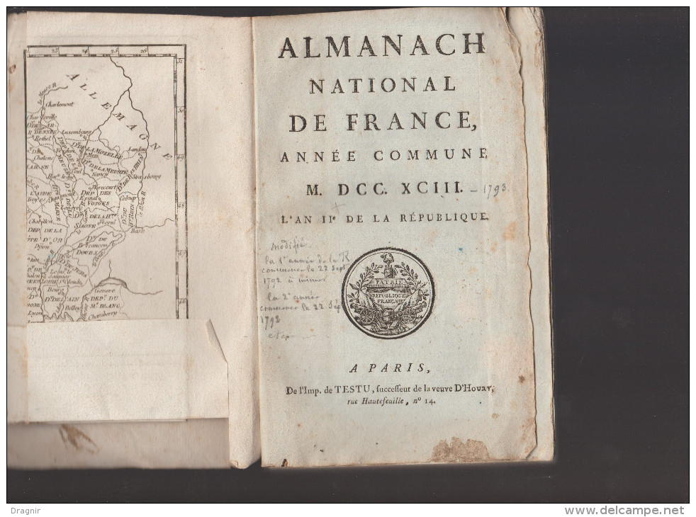 ALMANACH NATIONAL DE FRANCE * Année Commune * 1793 * L'an Deux De La République  * - 1701-1800