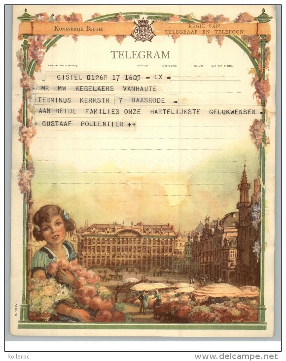 011907 LUXURY TELEGRAM # B10 (V.) - BACK STAMPTED WITH RECTANGULAR TELEGRAPH CANCEL - DENDERMONTE/T 10 I 1956 T/*   * - Télégrammes