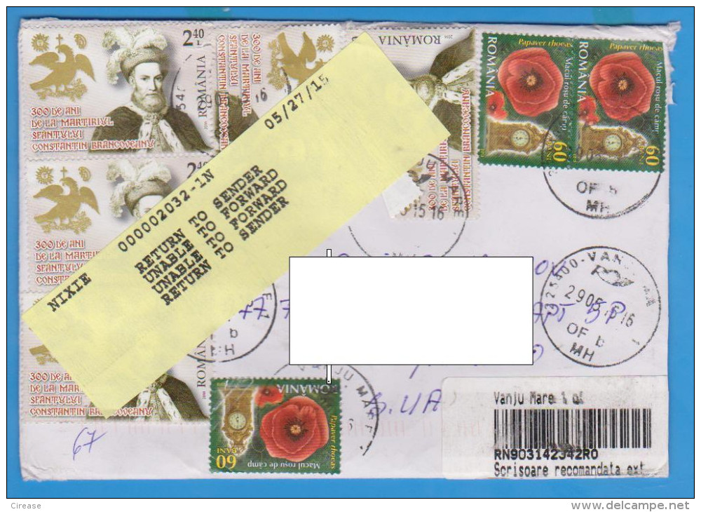 ROMANIA 2015 Cover. Cover Registered Send USA Nice Franking, Return - Brieven En Documenten