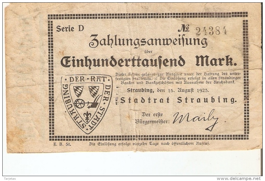 BILLETE DE ALEMANIA DE 100000 MARK DEL AÑO 1923   (BANKNOTE) STRAUBING - 100000 Mark