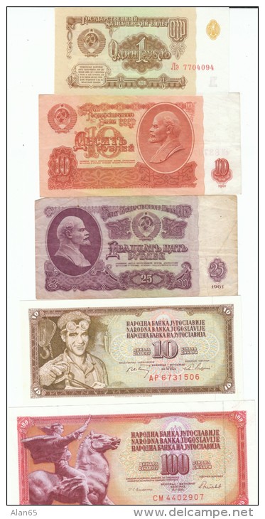 Lot Of 5 Russia #222 1 Ruble, #233 10 Rubles, #234b 25 Rubles &amp; Yugoslavia #82c 10 Dinara, #90c 100 Dinara - Mezclas - Billetes