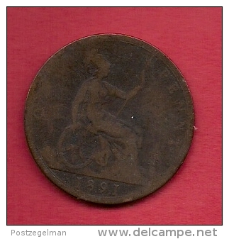 UK, 1891,  Fine Used Coin, 1 Penny, Victoria, Bronze,  KM 790, C2818 - D. 1 Penny