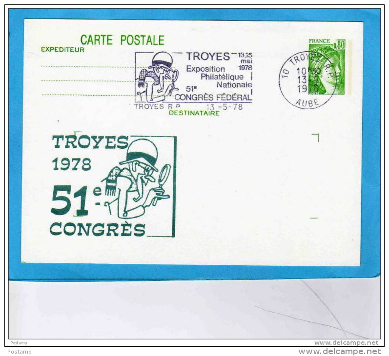 Care Entier Postal-sabine0,80-repiquage 51ème  Congrès De Troyes-oblitéré Flamme Du Congrès-mai 1978 - AK Mit Aufdruck (vor 1995)