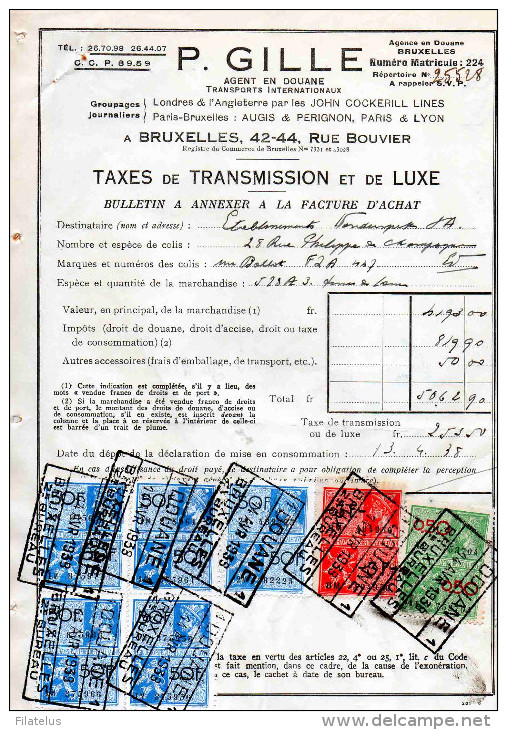 BRUXELLES-24-2-1938-P. GILLE-AGEN EN DOUANE-TAXES DE TRANSMISSION ET DE LUXE - Autres & Non Classés