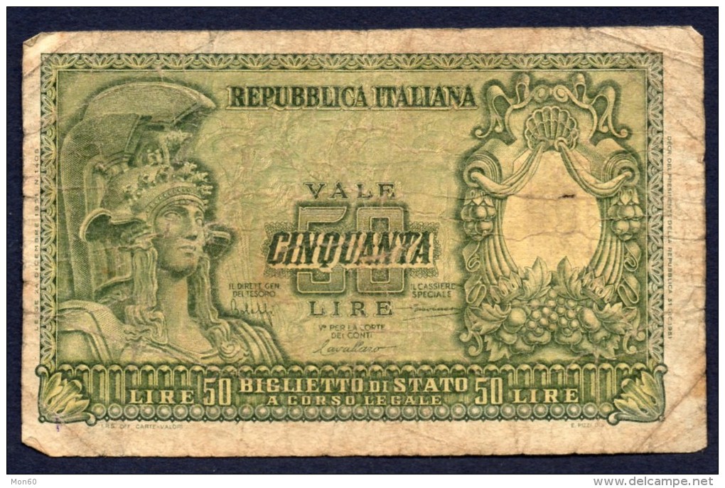 50 LIRE ITALIA 23/12/1951 BB - Bolaffi, Cavallaro, Giovinco - 50 Liras