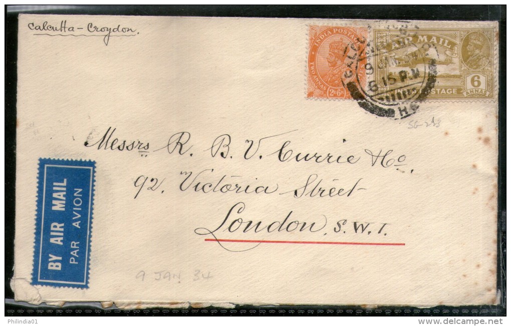 India 1934 KG V Air Mail Stamp On Cover Calcutta G.P.O To England # 1451-16 - Poste Aérienne