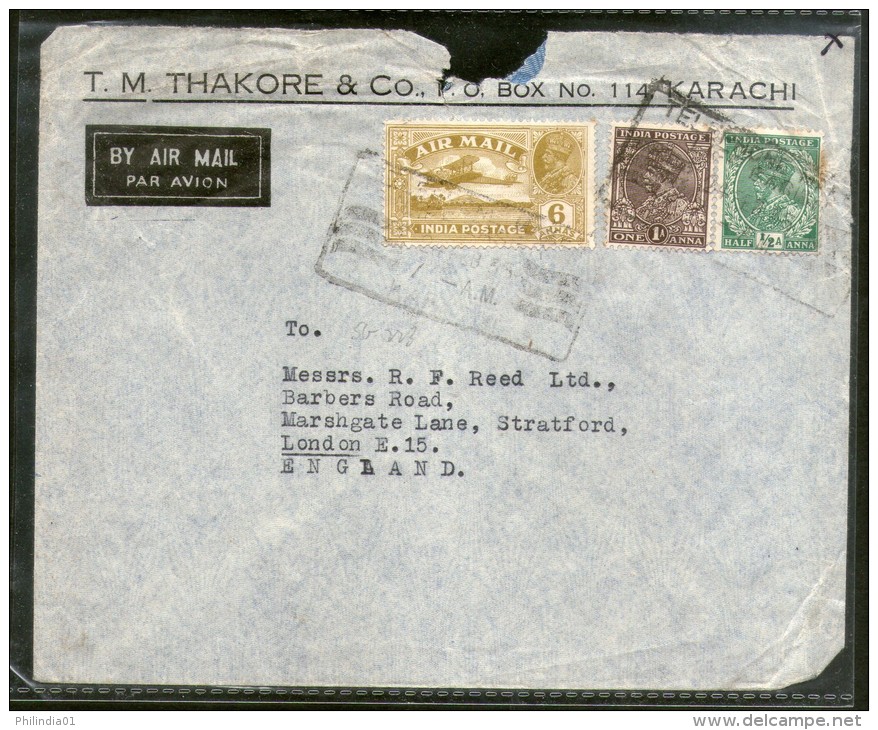 India 1935 KG V Air Mail Stamp On Cover Karachi ( Now In Pakistan ) To England # 1451-35 - Poste Aérienne