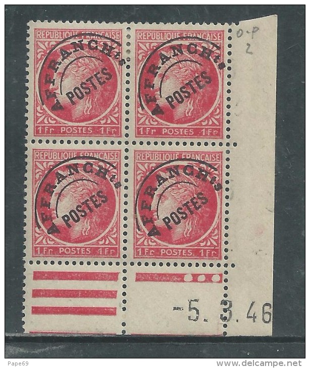 France Préoblitéré N° 90 X  Type Mazelin 1 F. En Bloc De 4 Coin Daté Du 5 . 3 . 46 ;  3 Points Blancs,  Tr Ch. Sinon TB - Precancels