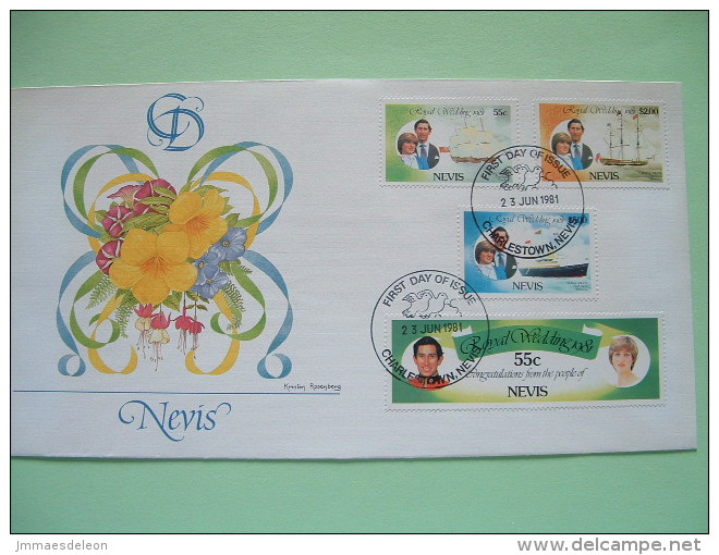 Nevis 1981 FDC Royal Wedding Charles & Diana - Flowers - Ships - Antilles