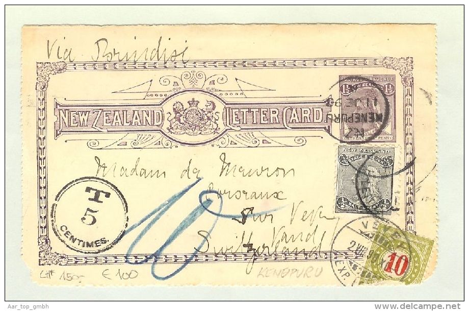 OZ Neuseeland 1898-06-11 Taxierte GS Kenepurs Nach Vevey Schweiz - Cartas & Documentos