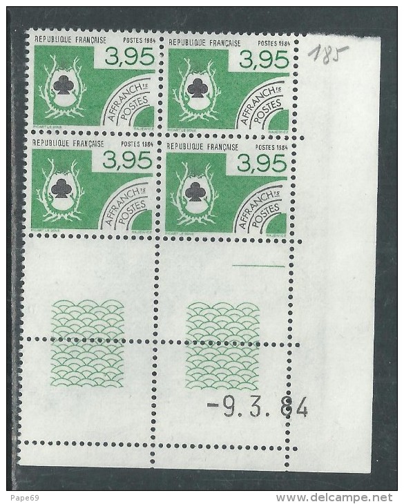 France Préoblitéré N° 185 XX Cartes à Jouer : 3 F. 95 En Bloc De 4 Coin Daté Du 9  . 3 . 84 ;   1 Trait, Sans Ch. TB - Voorafgestempeld