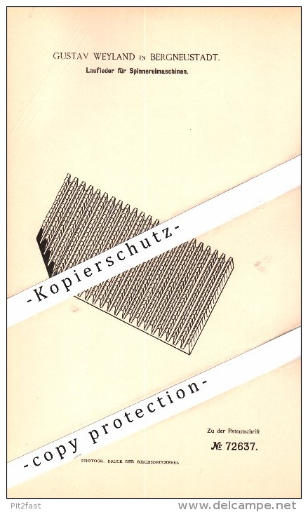 Original Patent - Gustav Weyland In Bergneustadt , 1893 , Laufleder Für Spinnereimaschinen , Spinnerei !!! - Bergneustadt