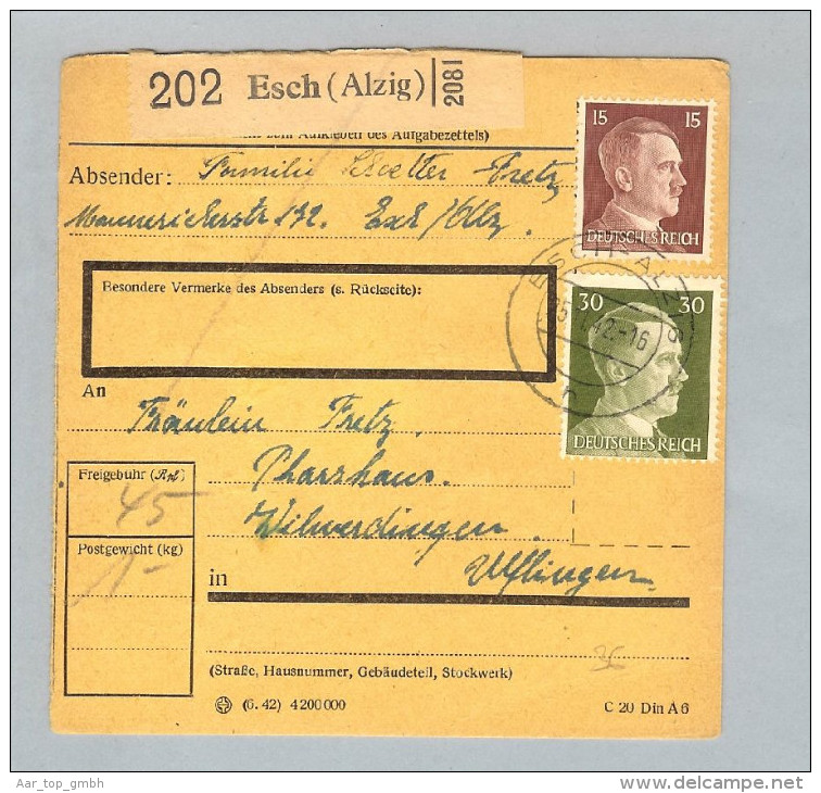 Heimat Luxemburg Esch(Alzig) 1942-11-25 Paketkarte DR-Marken - 1940-1944 Duitse Bezetting