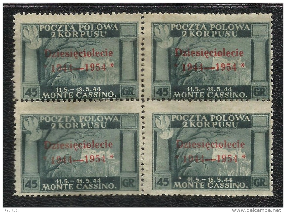 CORPO POLACCO POLISH BODY 1954 GOVERNO DI LONDRA SOPRASTAMPA VERMIGLIO VERMILION SURCHARGED 45 G QUARTINA BLOCK MNH - 1946-47 Zeitraum Corpo Polacco