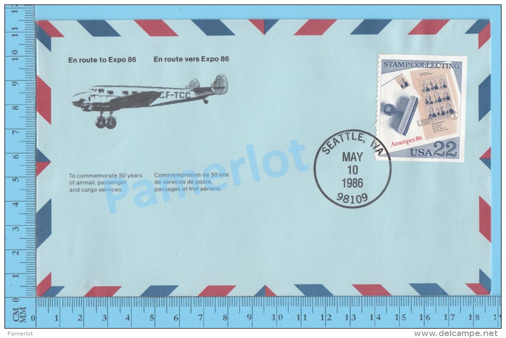 50 Eme Air Canada ( En Route  Expo 86, Cover Seattle Wa, 10-05-1986, Escale +  Trajet, Aerogramme )  2 Scans - Commemorativi