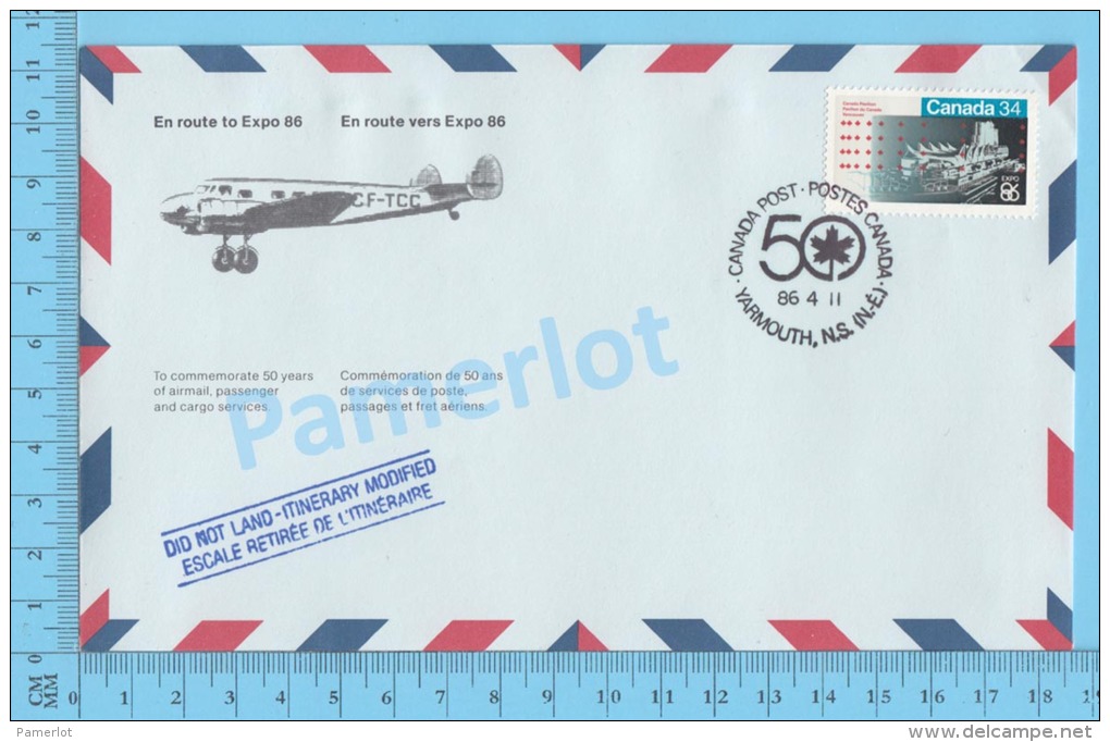 50 Eme Air Canada ( En Route  Expo 86, Service De Poste, Cover Yarmouth N.S. , 11-04-1986,  Aerogramme )  2 Scans - Commemorativi