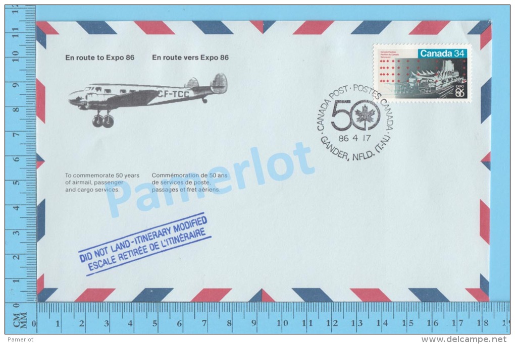 50 Eme Air Canada ( En Route  Expo 86, Service De Poste, Cover Gander NFLD, 17-04-1986,  Aerogramme )  2 Scans - Enveloppes Commémoratives