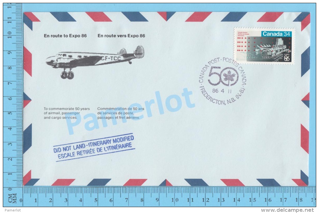 50 Eme Air Canada ( En Route  Expo 86, Service De Poste,  Cover Fredericton N.B., 11-04-1986,  Aerogramme )  2 Scans - Enveloppes Commémoratives