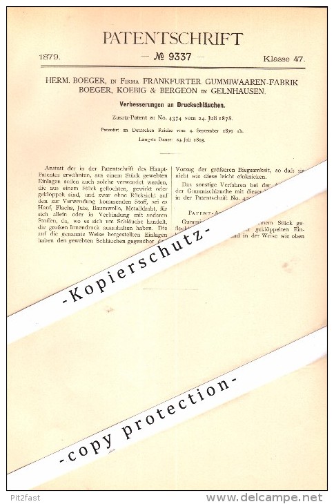 Original Patent - Gummiwaaren-Fabrik Boeger, Koebig & Bergeon In Gelnhausen , 1879 , Druckschläuche , Frankfurt !!! - Gelnhausen