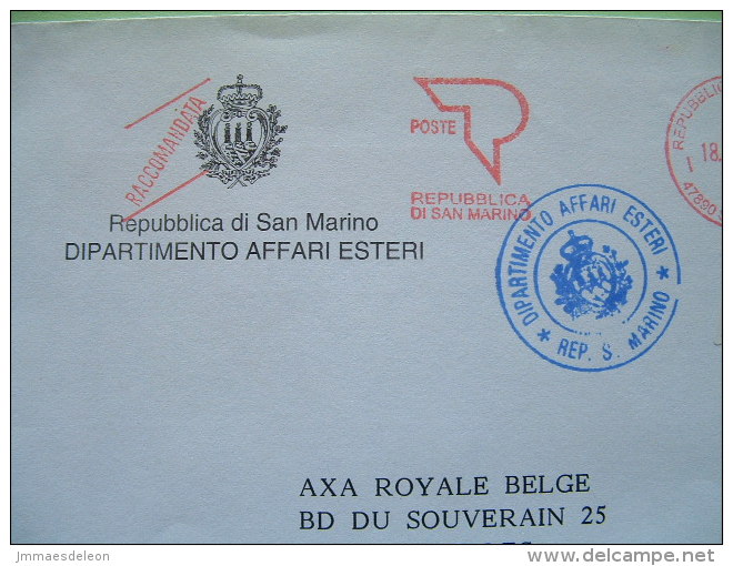 San Marino 2006 Registered Official Cover To Belgium - Foreign Dept. - Machine Franking - Priority Mail Label - Brieven En Documenten