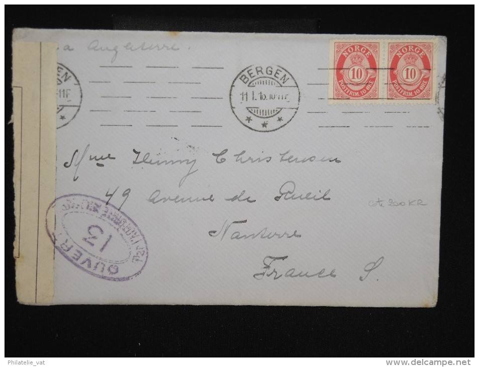 NORVEGE -Enveloppe De Bergen Pour La France En 1916 - Avec Controle - Aff Paire De Carnet - à Voir - P7910 - Briefe U. Dokumente