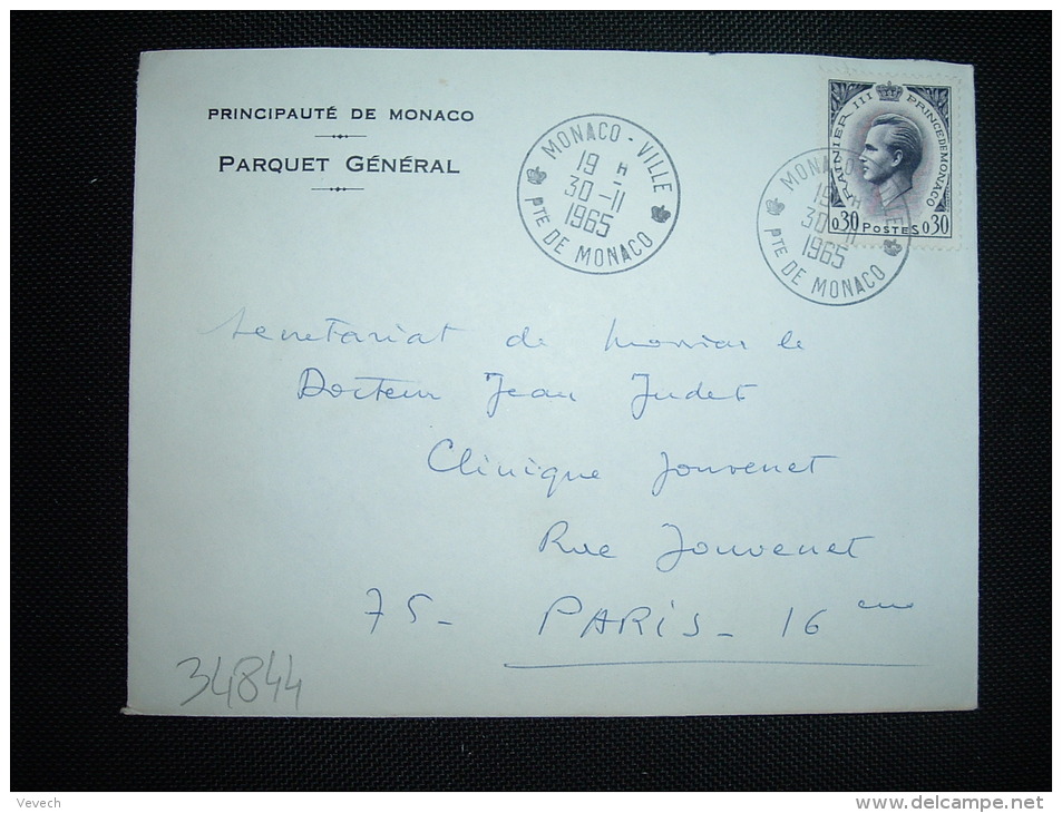 LETTRE POUR LA FRANCE TP RAINIER III 0,30 OBL.30-11-1965 MONACO VILLE + PARQUET GENERAL - Brieven En Documenten