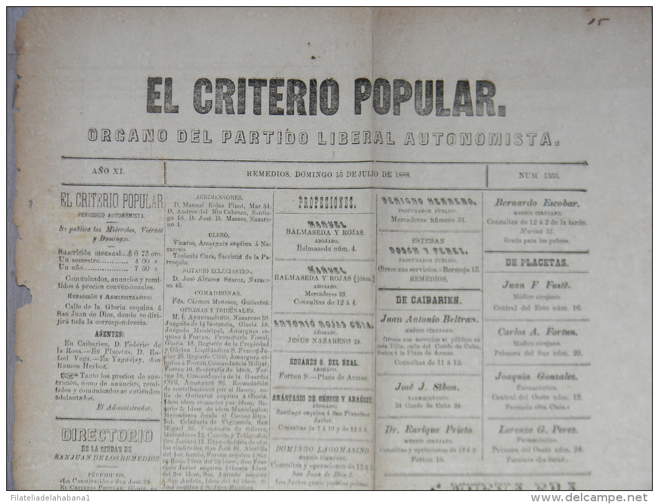 BP200 CUBA SPAIN NEWSPAPER ESPAÑA 1888 EL CRITERIO POPULAR 15/07/1888. 56X37cm. - [1] Bis 1980