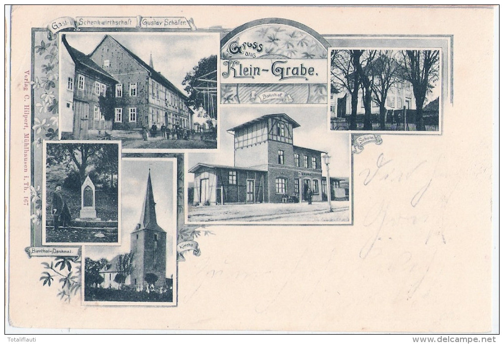 Gruß Aus Klein Grabe Weinbergen Bahnhof Gast Und Schenkwirthschaft Bahnpost MÜHLHAUSEN HOHENEBRA ZUG 8 31.12.1900 - Muehlhausen