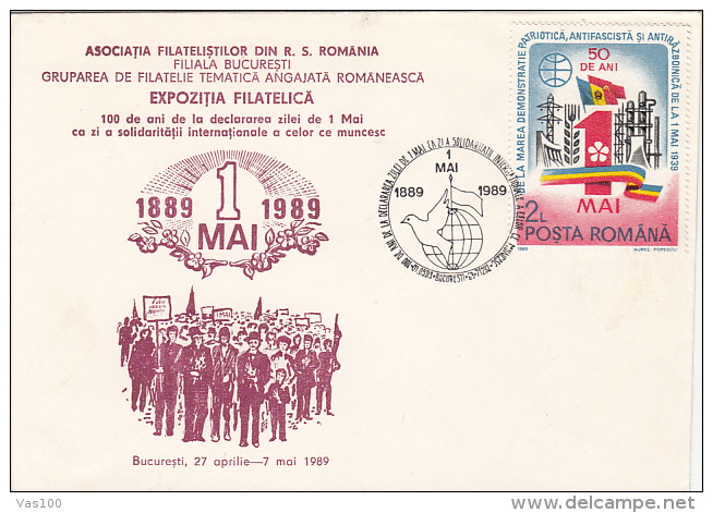 LABOUR DAY, 1ST OF MAY PHILATELIC EXHIBITION, SPECIAL COVER, 1989, ROMANIA - Briefe U. Dokumente