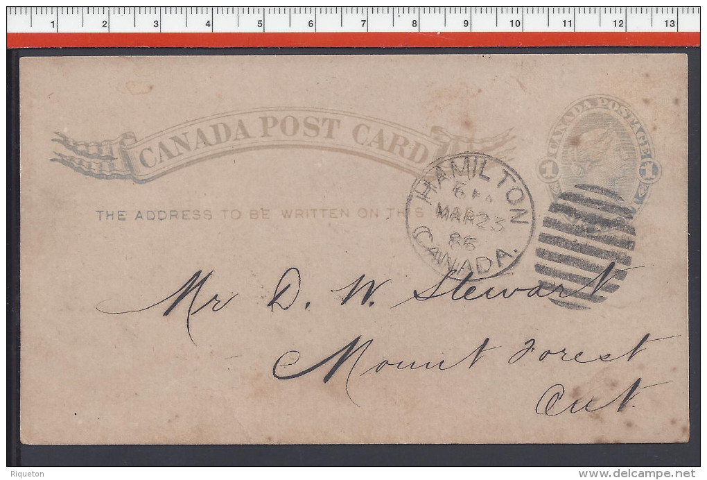 CANADA - 1886 -  ENTIER POSTAL  DE HAMILTON VERS MOUNT FOREST - REPIQUAGE AU VERSO - - 1860-1899 Victoria