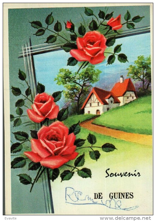 CPSM    (62)      Souvenir De.....GUINES  -  Fleurs, Paysage - - Guines