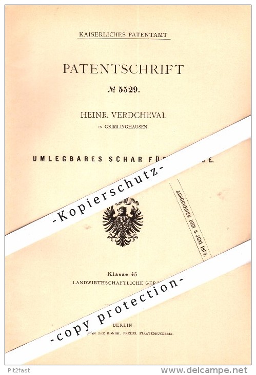 Original Patent - Heinrich Verdcheval In Grimlinghausen B. Neuss , 1878 , Schar Für Pflug , Landwirtschaft , Agrar !!! - Neuss