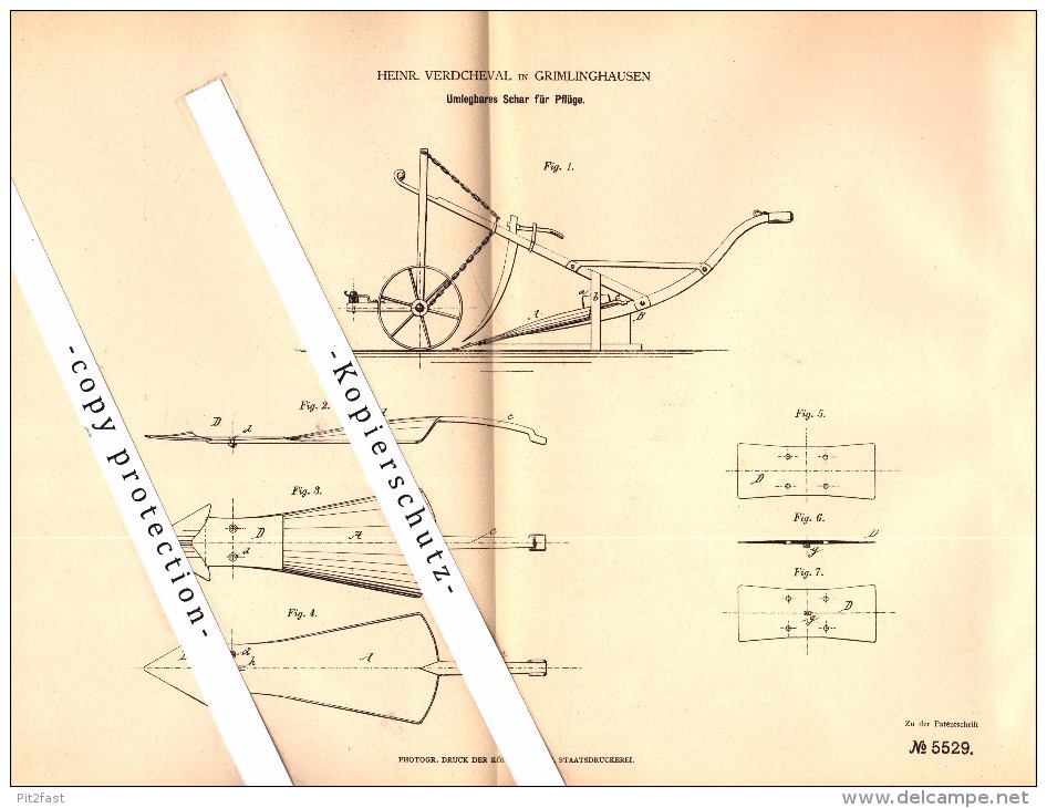 Original Patent - Heinrich Verdcheval In Grimlinghausen B. Neuss , 1878 , Schar Für Pflug , Landwirtschaft , Agrar !!! - Neuss