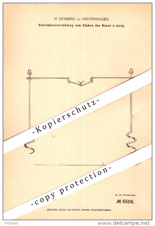 Original Patent - W. Dühring In Grevenhagen B. Steinheim , 1878 , Apparat Zum Staken Von Heu , Höxter , Landwirtschaft ! - Steinheim