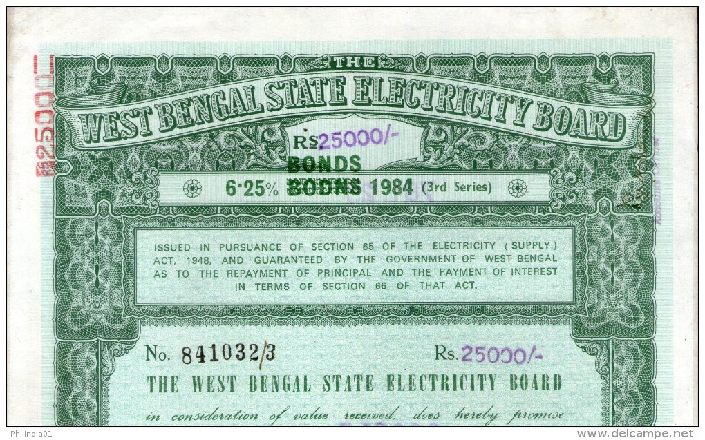 India 1984 West Bengal State Electricity Bonds 3rd Series Corrected Rs. 25000 # 10345C Inde Indien - Electricité & Gaz