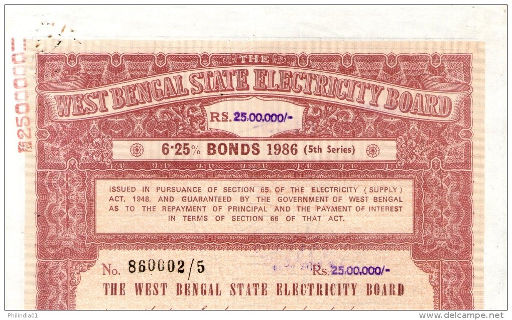 India 1986 West Bengal State Electricity Bonds 5th Series Rs. 2.5 M # 10345D Inde Indien - Electricité & Gaz