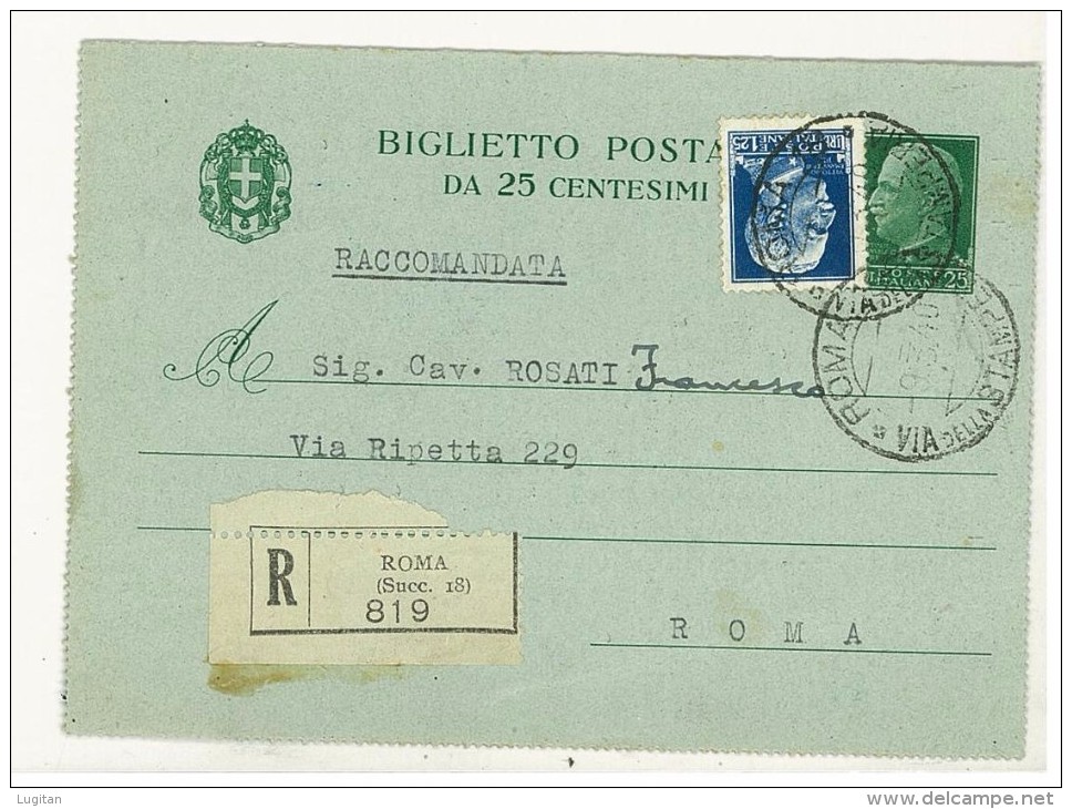 ITALIA REGNO - BIGLIETTO  RACCOMANDATO DA ROMA PER CITTA' ANNO 1940 - Poststempel (Flugzeuge)