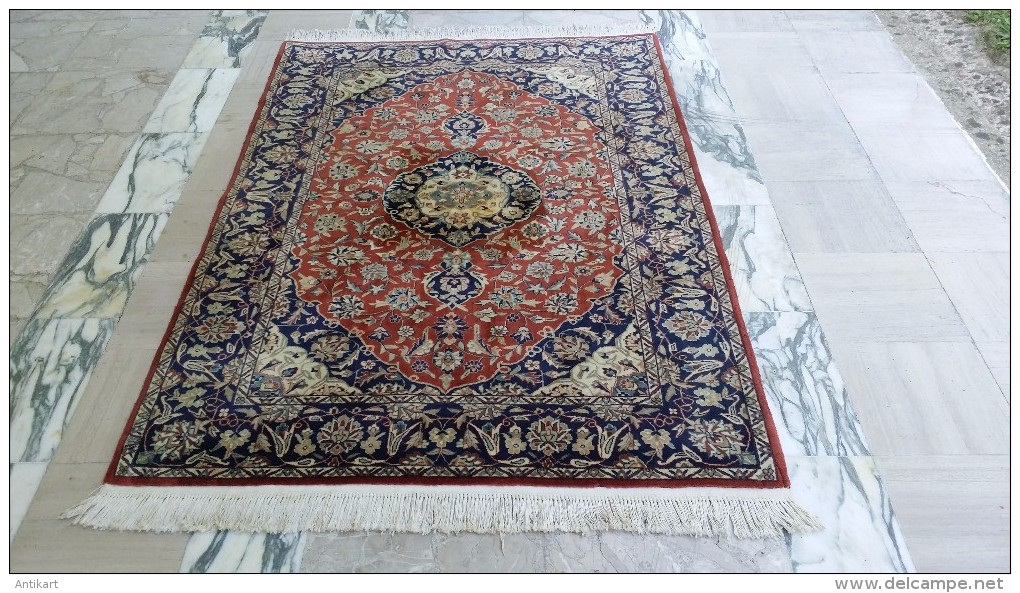 NAIN - Tapis crème bordeaux et bleu - Superbe qualité 9LA Laine/soie chaîne coton