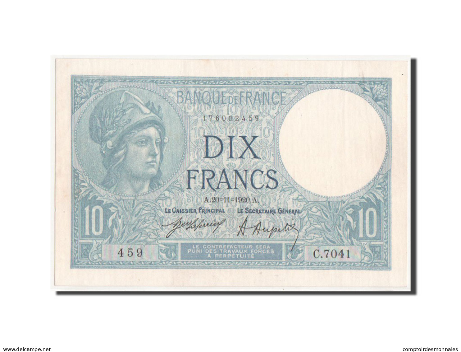 Billet, France, 10 Francs, 10 F 1916-1942 ''Minerve'', 1920, TTB+, Fayette:6.4 - 10 F 1916-1942 ''Minerve''