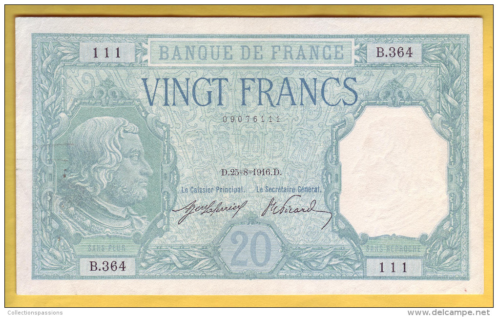 BILLET FRANCAIS - 20 Francs Bayard 25.8.1916 SUP - 20 F 1916-1919 ''Bayard''