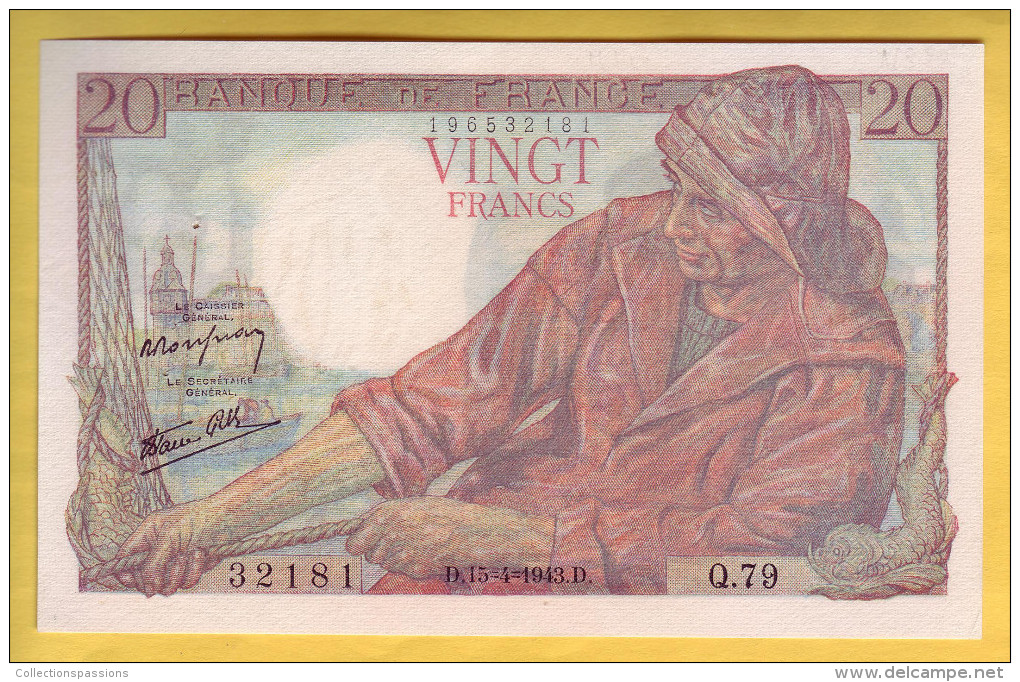 BILLET FRANCAIS - 20 Francs Pêcheur 15.4.1943 SUP+ - 20 F 1942-1950 ''Pêcheur''