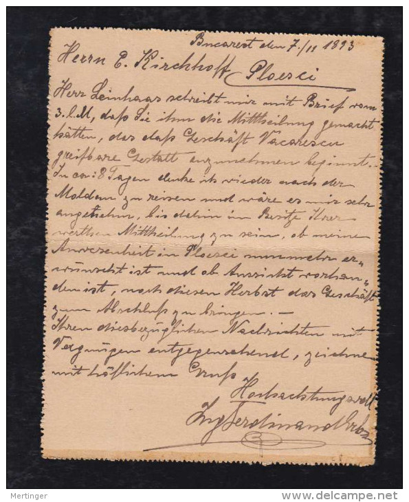 Rumänien Romania 1893 Stationery Letter Card BUCAREST To POLESCI - Storia Postale