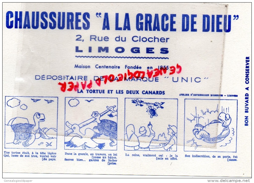 87 - LIMOGES - BUVARD - CHAUSSURES " A LA GRACE DE DIEU " 2 RUE DU CLOCHER - MARQUE UNIC - LA TORTUE ET CANARDS - Levensmiddelen