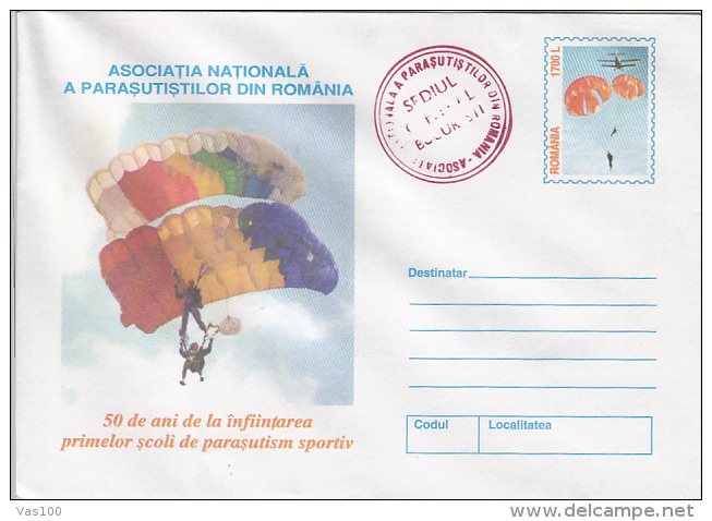 PARACHUTTING, FIRST ROMANIAN SCHOOL, COVER STATIONERY, ENTIER POSTAL, 2000, ROMANIA - Parachutespringen