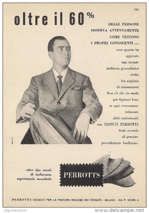 # TESSUTI PERROTTS MILANO 1950s Advert Pubblicità Publicitè Reklame Suits Vetements Vestidos Anzugen Clothing - 1940-1970 ...